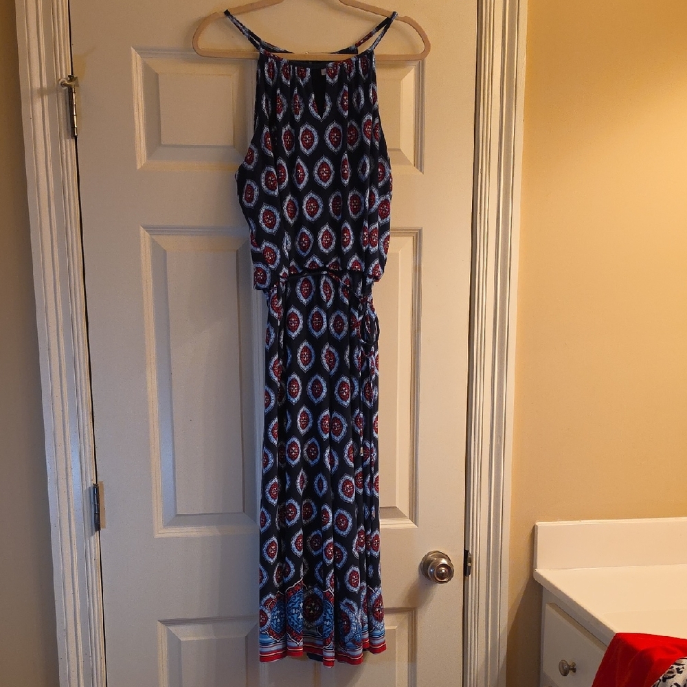 London Times Navy Blue and Red Printed Halter Jumpsuit